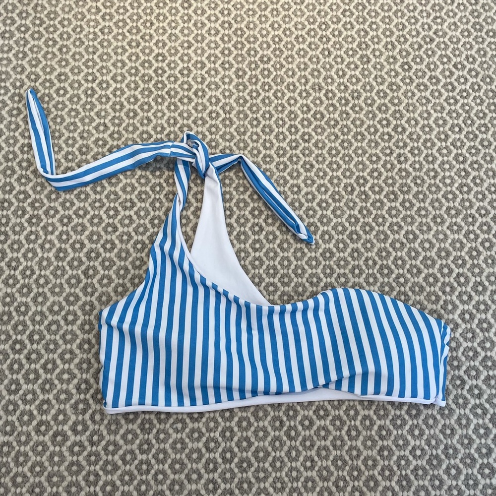 Blue and white one shoulder revolve bikini top